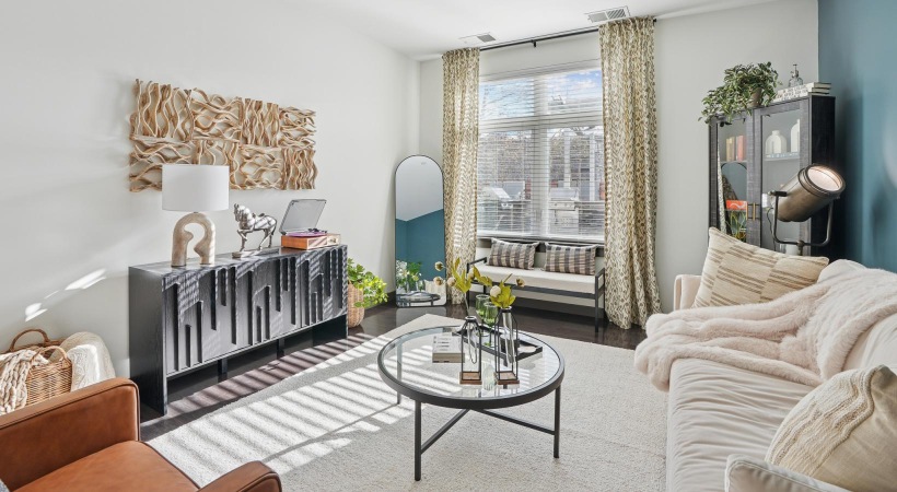 modern living area with bright lighting