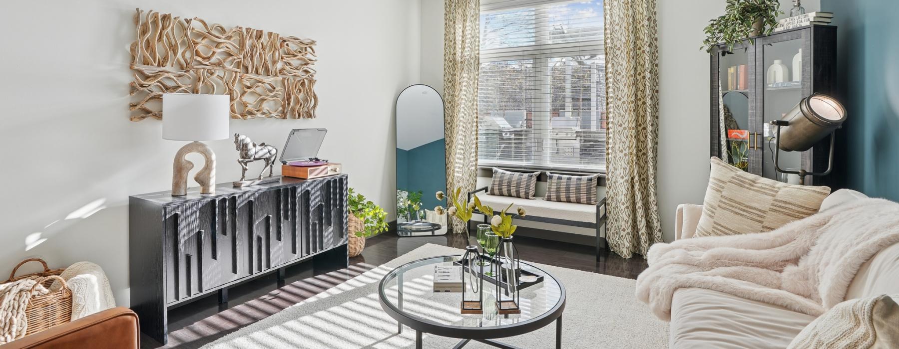 modern living area with bright lighting